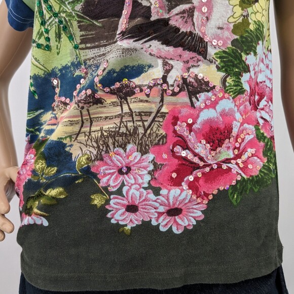 Vintage 90s y2k Take Two Ringer Tee Floral Tropical Falmingo Sequins Size S - Picture 6 of 10